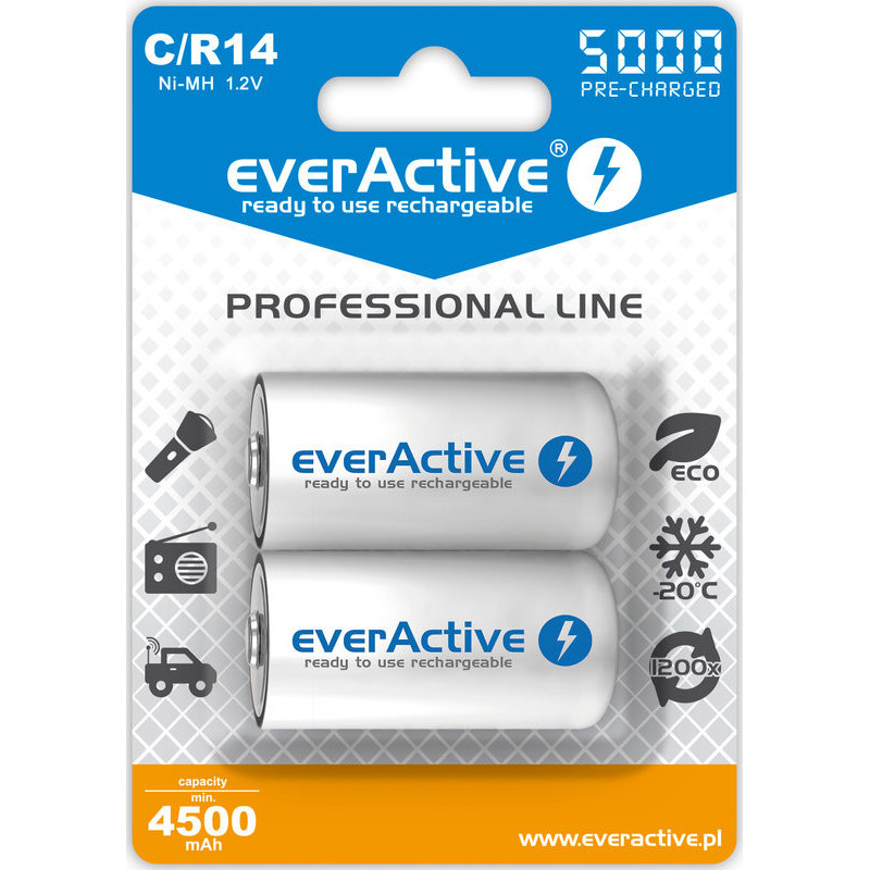 R14/C baterijos 1,2 V „everActive Professional“ linijos Ni-MH 5000 mAh pakuotėje po 2 vnt.