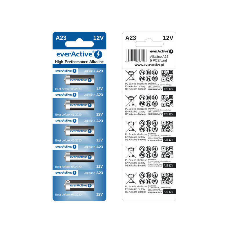 23A baterijos 12V „everActive“ šarminės MN21 / LR23A, pakuotėje po 5 vnt.