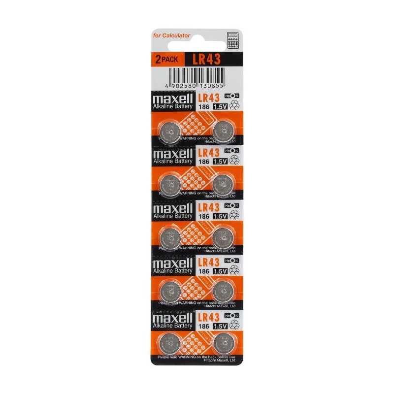 G12 batteries 1.5V Maxell Alkaline LR43 / 186 in a pack of 10 pcs.