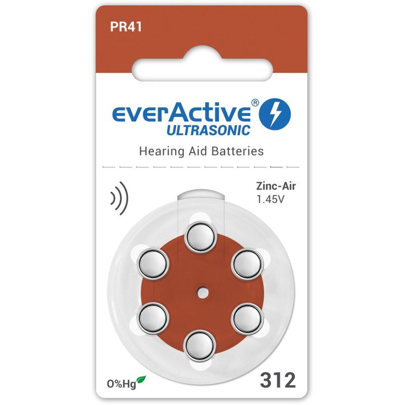 Size 312, Hearing Aid Battery, 1.45V everActive Zn-Air PR41, pack of 6 pcs.
