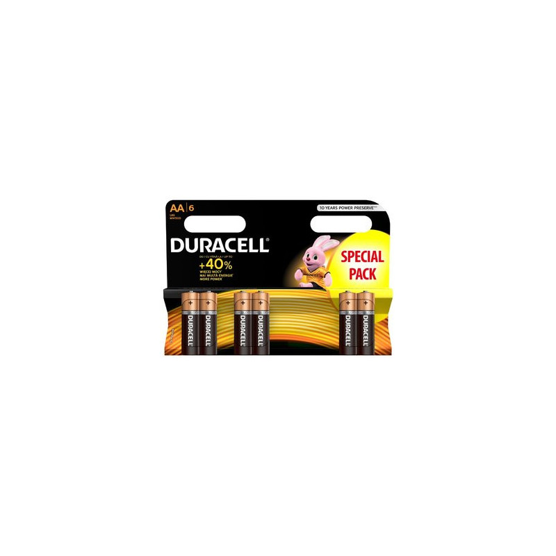 AA (LR6) 1,5 V „Duracell BASIC“ serijos šarminės MN1500 baterijos, pakuotėje po 6 vnt.