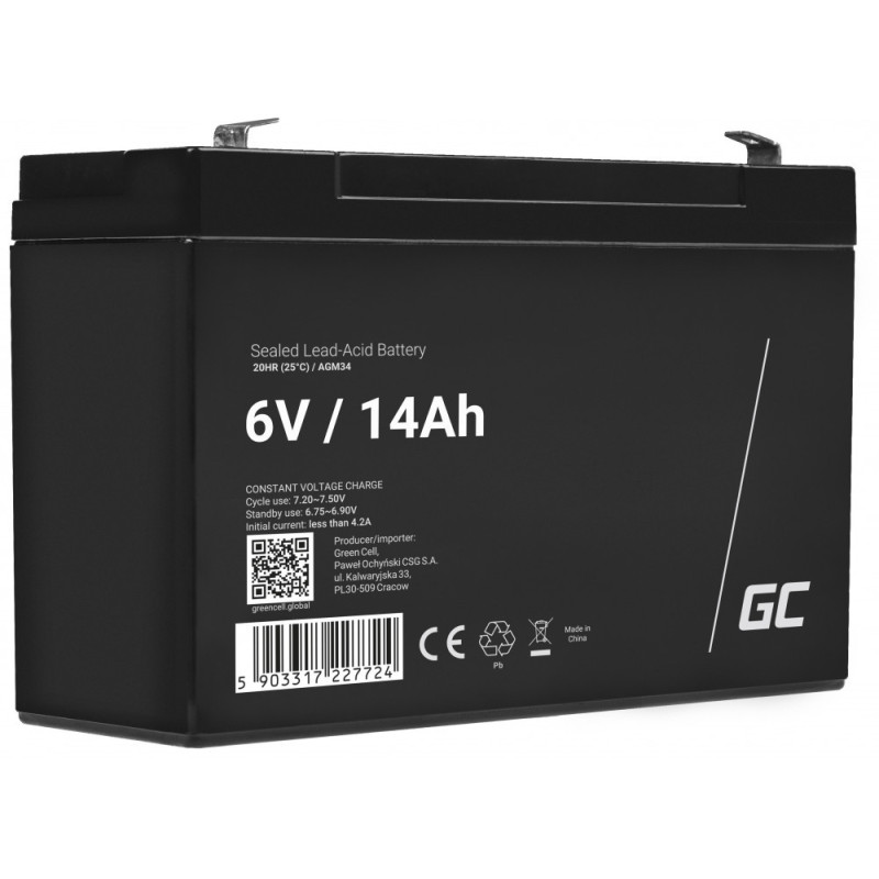 6 V 14 Ah akumuliatorius :: AGM : VRLA :: 6 voltai, 14 ampervalandžių (Ah) :: Gnybto tipas T1 (4,75 mm)