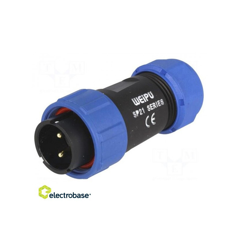 SP21, kištukas, kištukas, kištukas, kontaktai: 2, IP68, 7÷12 mm, lituojamas, kabeliui, 500 V