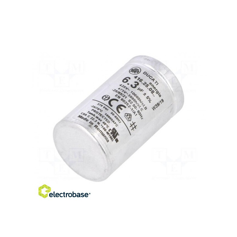 Kondensatorius: variklio, darbinis, 6.3uF, 425VAC, Ø35x60mm, -25÷70°C, ±5%
