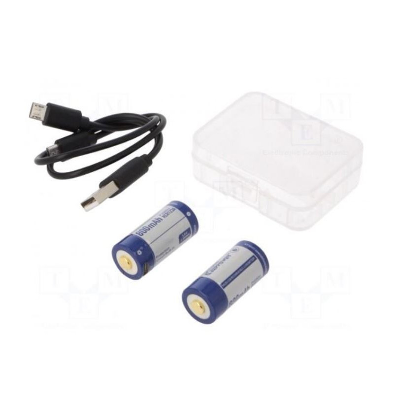 Baterija: Ličio jonų, 16340, 3,6 V, 800 mAh, Ø16,7 x 36 mm, Pakuotėje: USB laidas