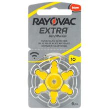 Klausos aparato baterijos, 10 dydžio, 1,45 V „Rayovac Extra Advanced Zn-Air PR70“, 6 vnt. pakuotėje.