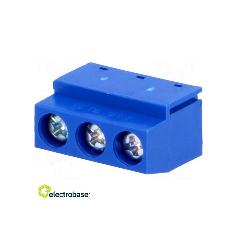 PCB terminal block, angle 90°, 5 mm, types:3, on PCB, 1.5 mm2, 8A