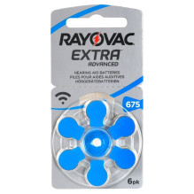 Klausos aparato baterijos, 675 dydžio, 1,45 V „Rayovac Extra Advanced Zn-Air PR44“, 6 vnt. pakuotėje.