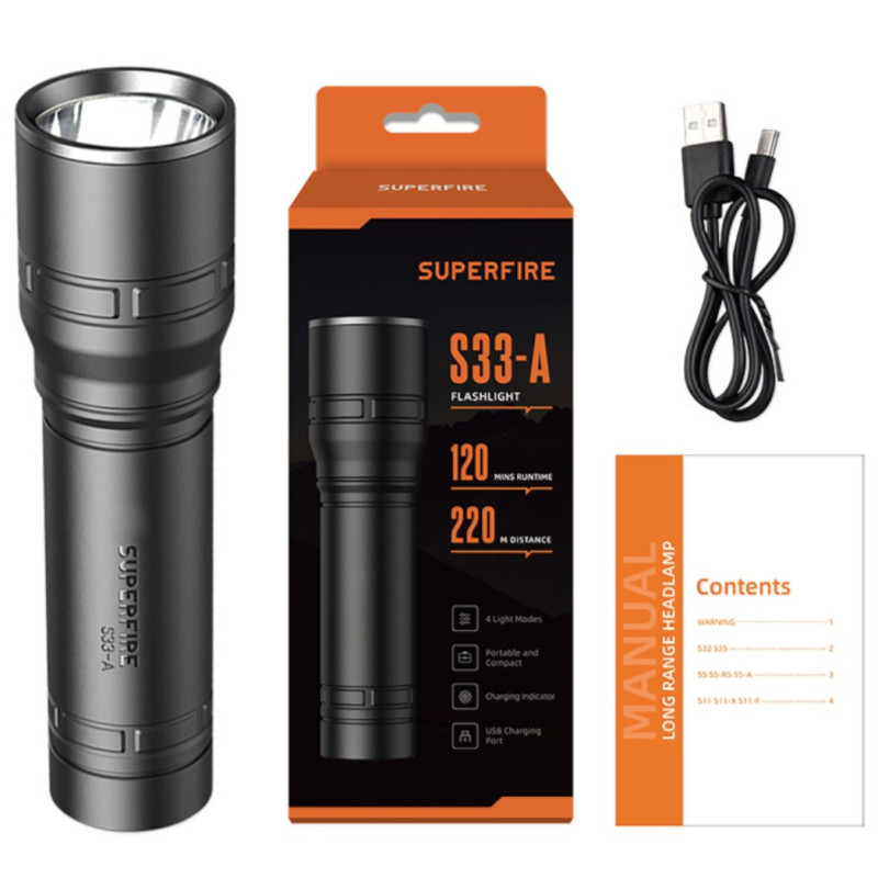 Įkraunamas SUPERFIRE žibintuvėlis, 800 mAh baterija, USB, 124 lm, IP43