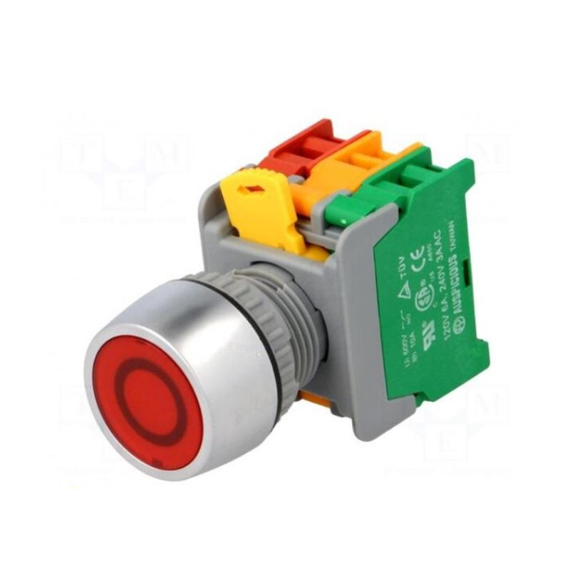 Jungiklis: mygtukas, stabiliz. poz.: 2, NC + NO, 3A / 230VAC, 22 mm, red.