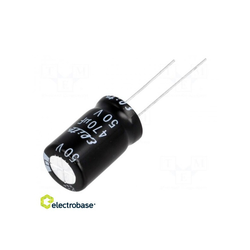 Kondensatorius: elektrolitinis, THT, 470uF, 50VDC, Ø12,5x20mm, žingsnis: 5 mm