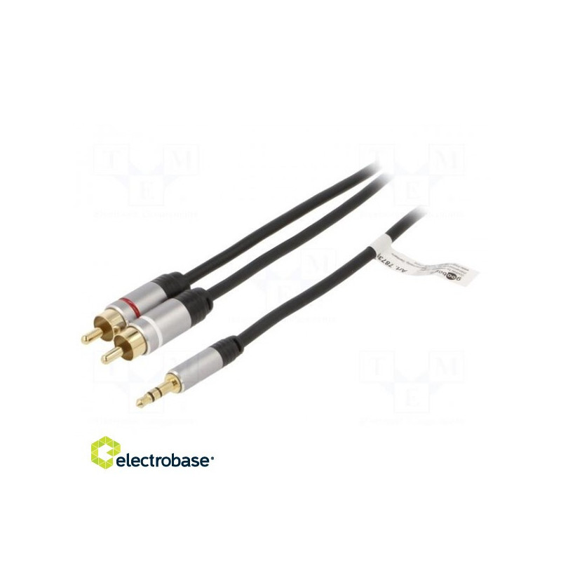 Cable, Jack 3.5 mm 3-pin plug, RCA plug x2, 3 m, black