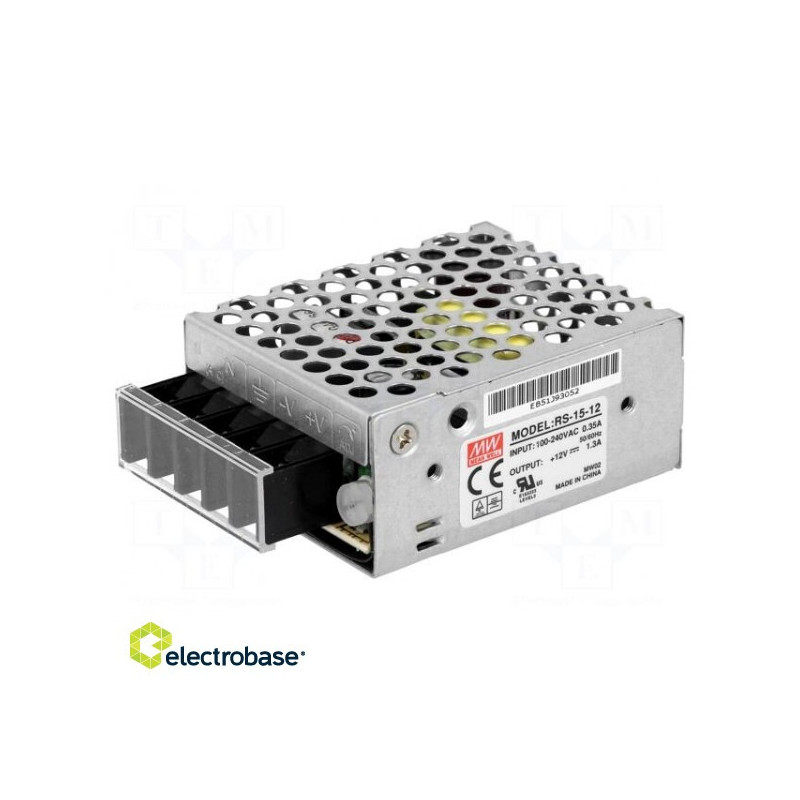 Maitinimo šaltinis: impulsinis, modulinis, 15 W, 12 V nuolatinės srovės, 1,2 A, OUT:1, 130 metų