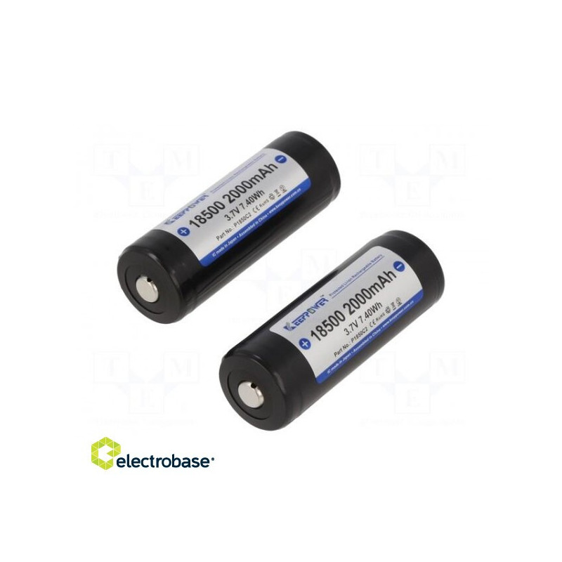 Battery: Li-Ion, 18500, 3.7 V, 2000mAh, Ø18.4x52.6 mm
