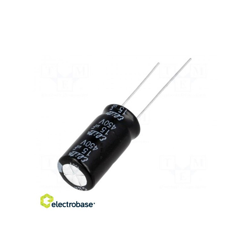 Kondensatorius: elektrolitinis, THT, 15uF, 450VDC, Ø10x60mm, ±20%
