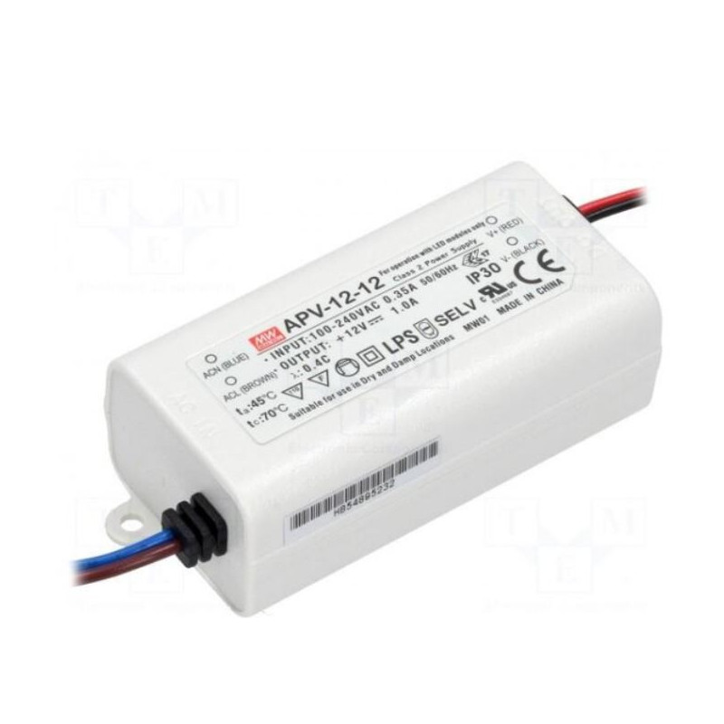 Maitinimo šaltinis: impulsinis, LED, 12 W, 12 V nuolatinės srovės, 1 A, 90 ÷ 264 V kintamosios srovės, IP43