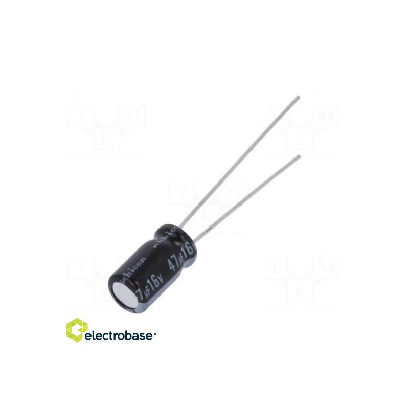 Kondensatorius: elektrolitinis, THT, 47uF, 16VDC, Ø5x9mm, žingsnis: 2mm, ±20%