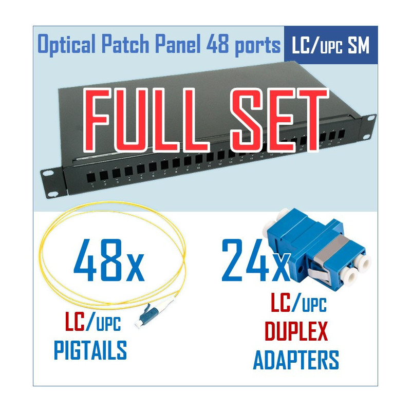 Optical patch panel kit, 19", 48 ports, LC/UPC adapters, LC/UPC pigtails