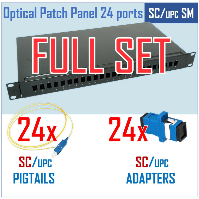 Optical patch panel kit, 19", 24 ports, SC/UPC adapters, SC/UPC pigtails