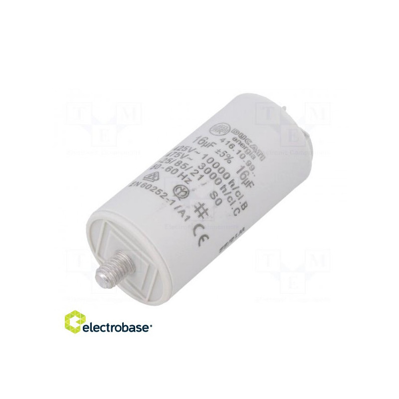 Kondensatorius: variklio, darbinis, 16uF, 425VAC, Ø36x70mm, -25÷85°C, ±5%