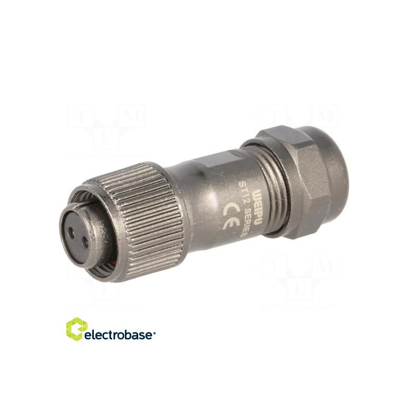 ST12 kištukas, moteriškas, kontaktai: 2, IP67, 5÷8 mm, 13A, lituojamas kabeliui