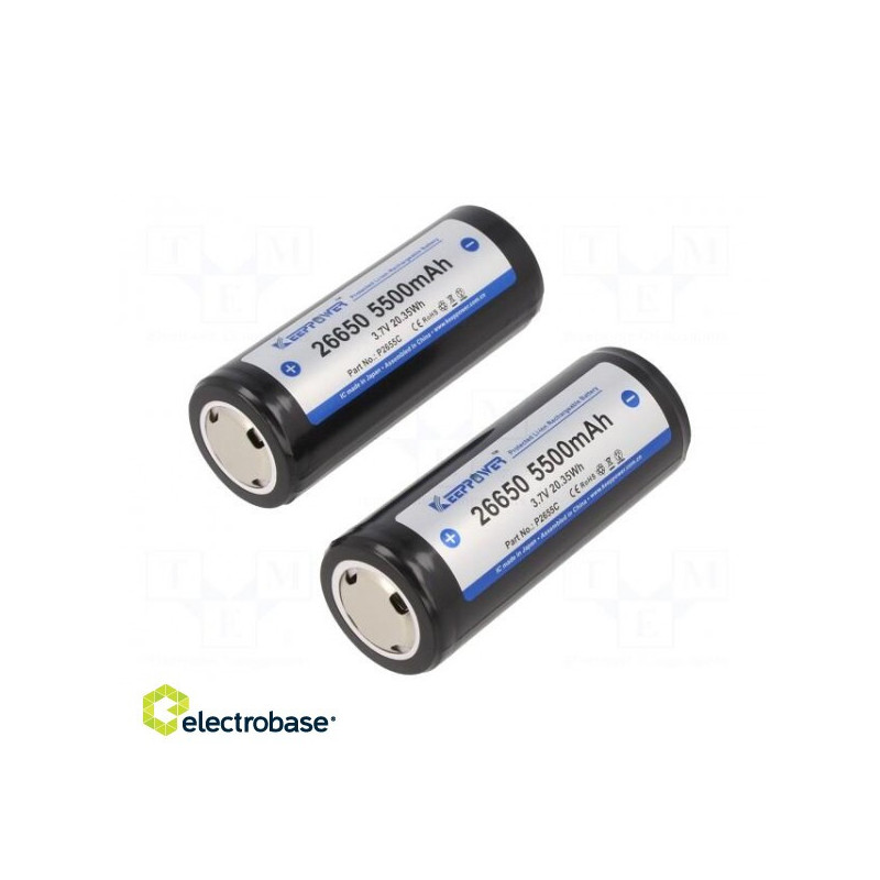 Baterija: ličio jonų, 26650, 3,7 V, 5500 mAh, Ø26,4x69,5 mm, 2 vnt.