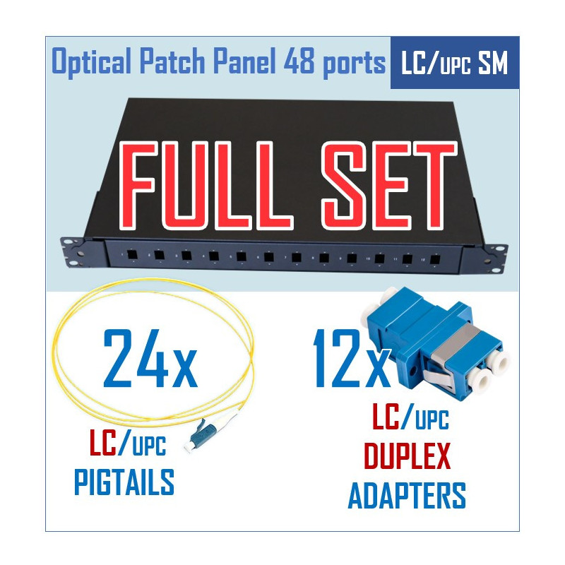 Optical patch panel kit, 19", 24 ports, LC/UPC adapters, LC/UPC pigtails