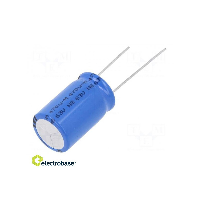 Kondensatorius: elektrolitinis, THT, 470uF, 63VDC, Ø16x25mm, žingsnis: 7,5 mm