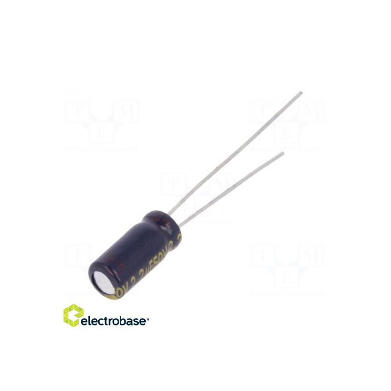 Kondensatorius: elektrolitinis, žemo ESR, THT, 2.2uF, 50VDC, Ø5x11mm, ±20%
