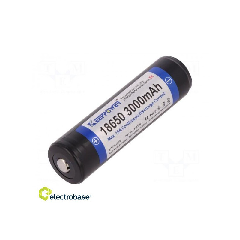 Įkraunama baterija: Ličio jonų 18650, MR18650, 3,7 V, 3000 mAh, Ø18,8 x 69 mm, 15 A