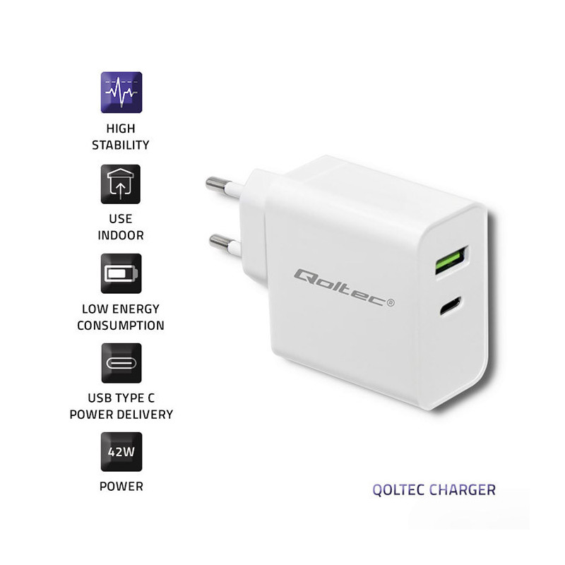 Qoltec charger, 45W, 5-20V, 2.4-3A, USB type C + USB type A