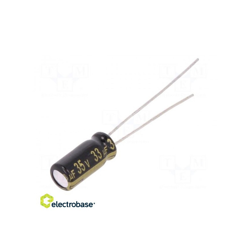 Kondensatorius: elektrolitinis, žemo ESR, THT, 33uF, 35VDC, Ø5x11mm, ±20%