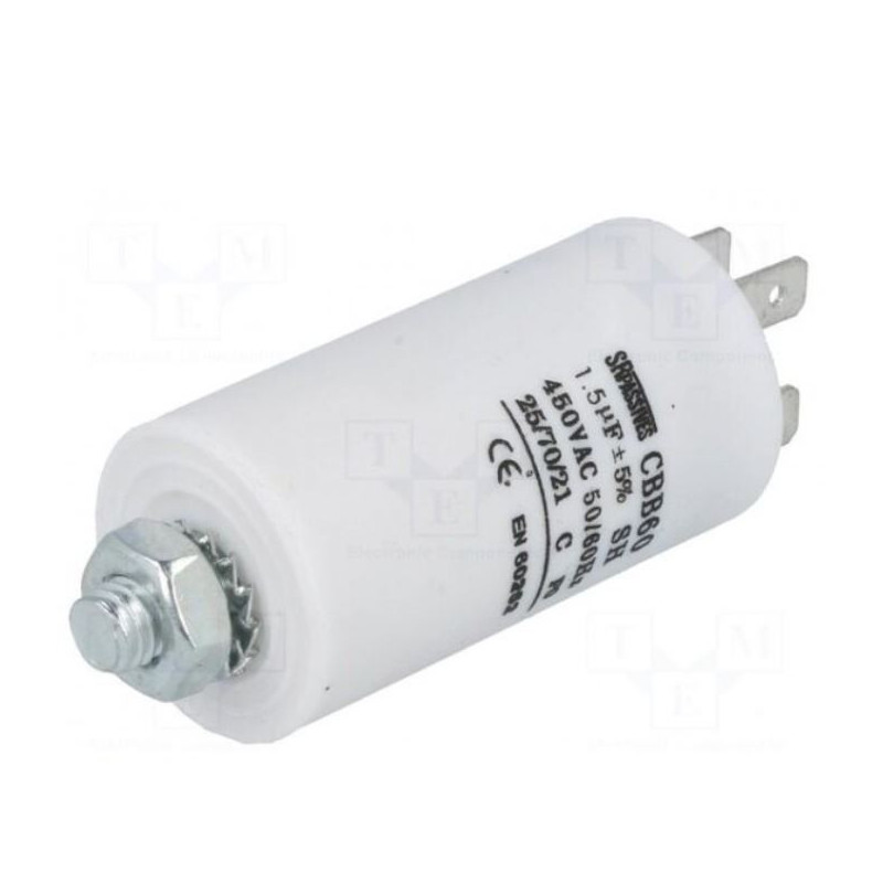 Kondensatorius: variklio, darbinis, 1,5uF, 450V, Ø30x57mm, -25÷70°C, ±5%, 3000h