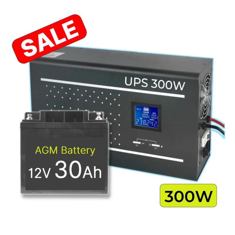 Komplektas: Profesionalus inverterinis nepertraukiamo maitinimo šaltinis (UPS) šildymo sistemai 300 W + 12 V 30 Ah akumu