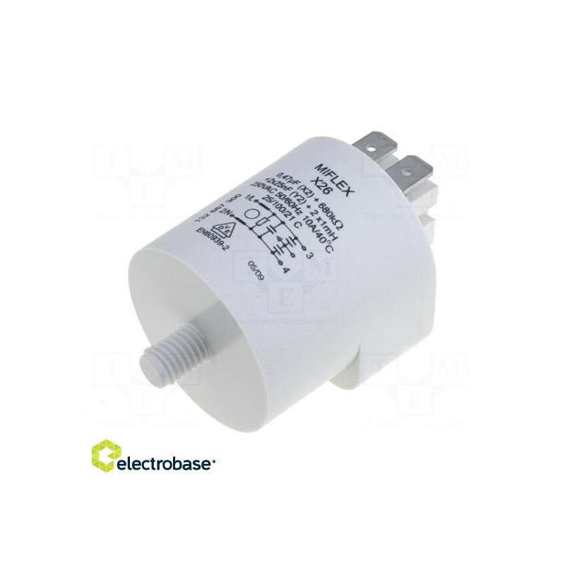 Filter: anti-interference, mains, 250VAC, Cx:0.47uF, Cy:25nF, 1 mH