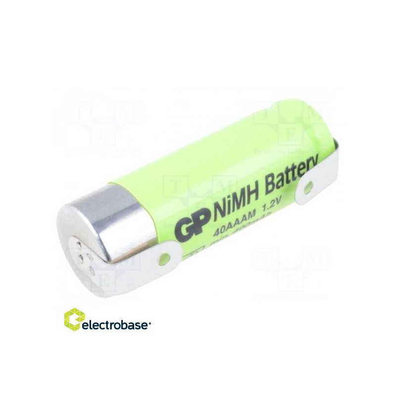 Baterija: Ni-MH, 2/3AAA, 2/3R3, 1,2 V, 400 mAh, litavimo antgaliai
