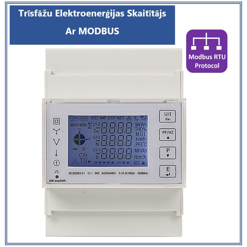 Trifazis elektros skaitiklis, daugiatarifis, MODBUS protokolas nuotoliniam rodmenų nuskaitymui