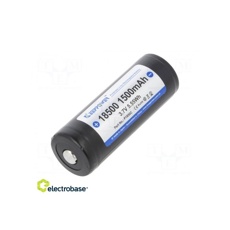 Baterija: Ličio jonų, 18500, 3,7 V, 1500 mAh, Ø18,5 x 53 mm, 3A