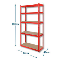Durable, transformable metal shelf 180x90x40 cm, for home, office, garage, red galvanized