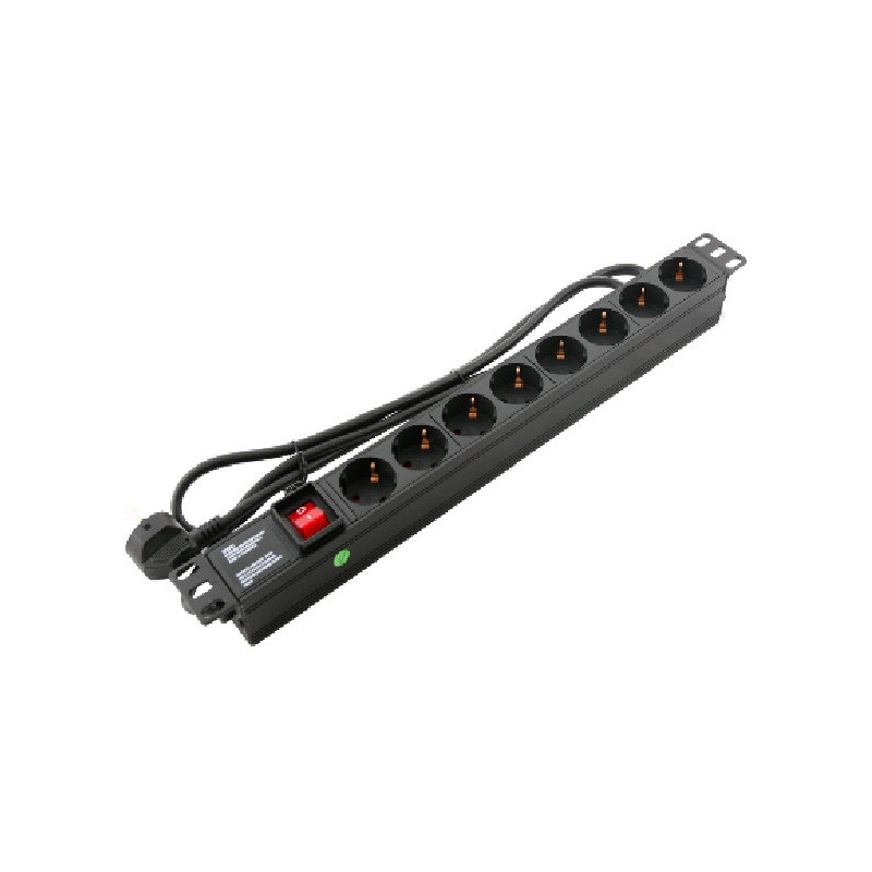 1U 220V lizdų blokas, 9 lizdai, plastikinis, su jungikliu, PDU, 19' spintoms