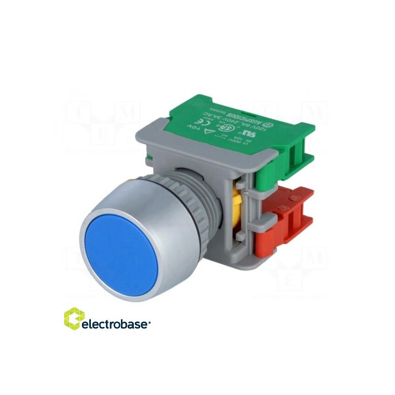 Jungiklis: mygtukas, stabiliz. poz.: 1, NC + NO, 3A / 230VAC, 22 mm, mėlynas