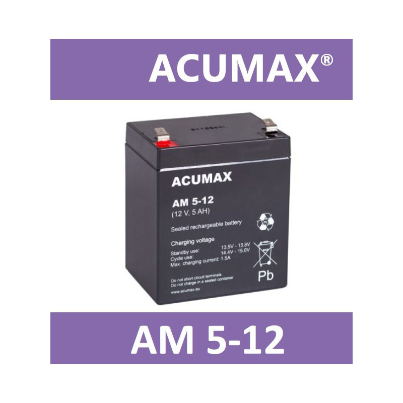 12V 5Ah battery :: Lead-Acid :: 12 Volts, 5 Ampere-hours (Ah) :: Terminal type T2 (6.35mm)