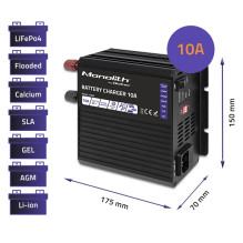 Smart 12V battery charger with 3-stage charging, 10A, for LiFePO4, AGM, GEL and SLA batteries