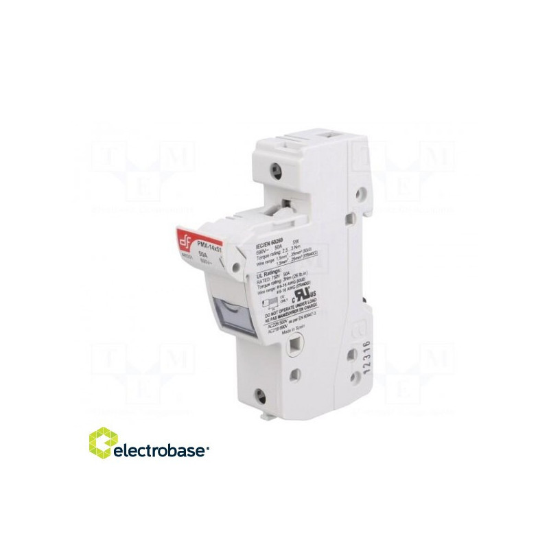 Fuse holder, cylindrical fuses, 14x51mm, DIN, 50A, 690VAC, Poles: 2