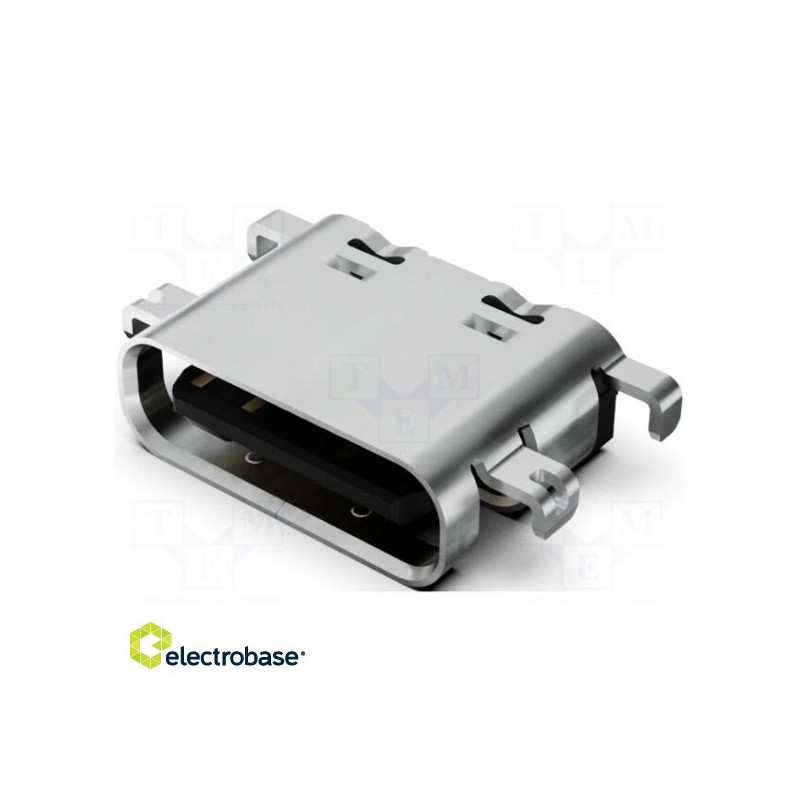 Lizdas, USB C, SMT, PIN: 16, horizontalus, montuojamas plokštės viduryje, 5A, 48V