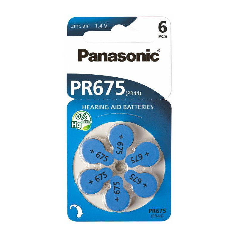 675 dydis, klausos aparato baterija, „Panasonic Zn-Air PR44“, 6 vnt. pakuotėje.