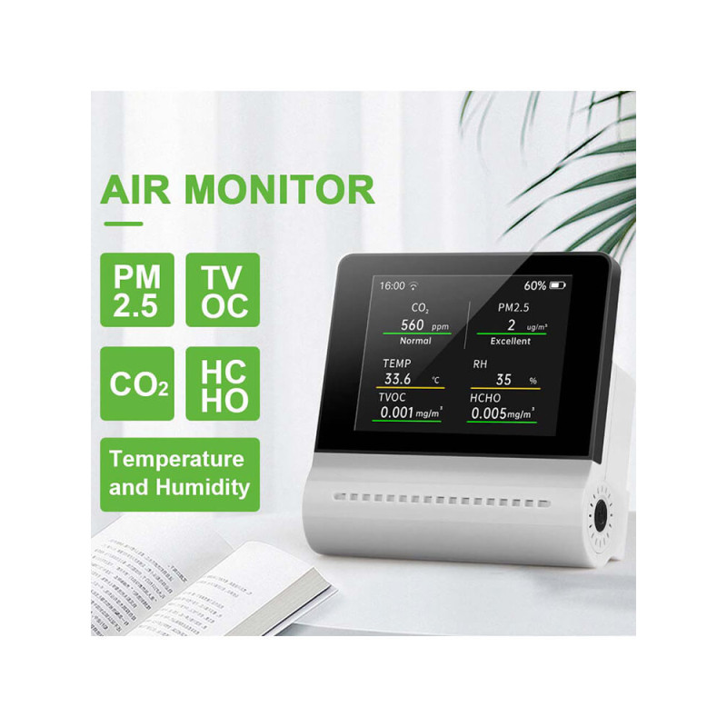 Air quality monitor with pollution alarm CO2, PM2.5, HCHO, TVOC, Accum.