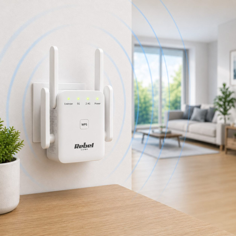 Greitas 1200 Mb/s „Wi-Fi“ tinklo stiprintuvas (kartotuvas), dviejų dažnių 2,4/5 GHz, signalas iki 100 m
