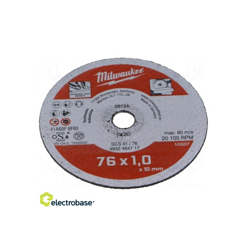 Cutting wheel, Ø: 76mm, Øhole: 10mm, metal, stainless steel, 5pcs.