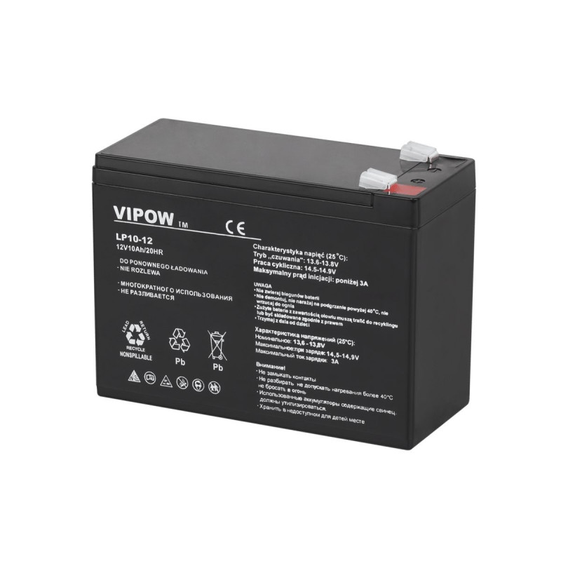 UPS 12 V 10 Ah akumuliatorius :: Gelio (GEL) : VRLA :: 12 voltų, 10 ampervalandžių (Ah) :: T2 / F2 6,35 mm